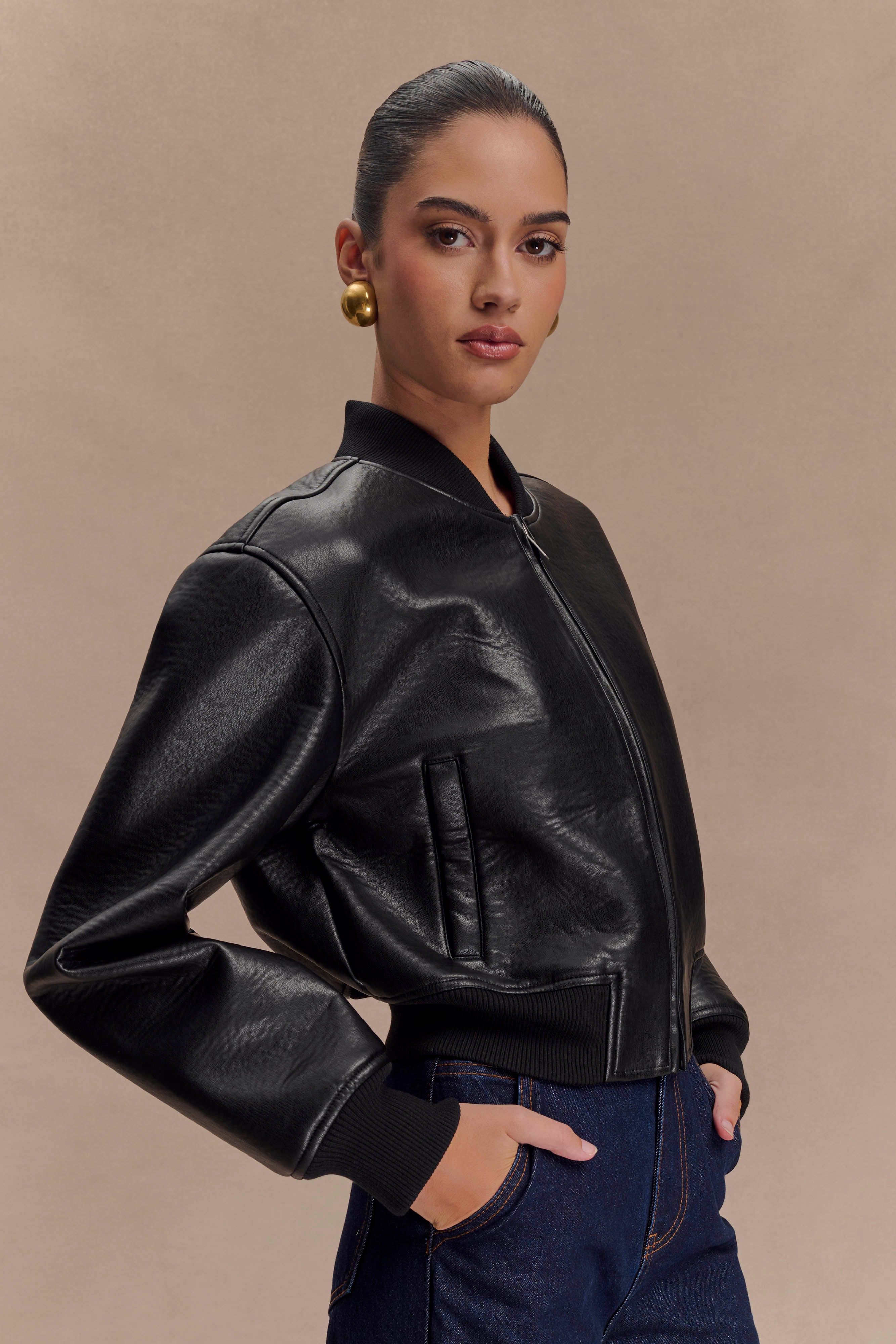 Codi Faux Leather Bomber Jacket - Black