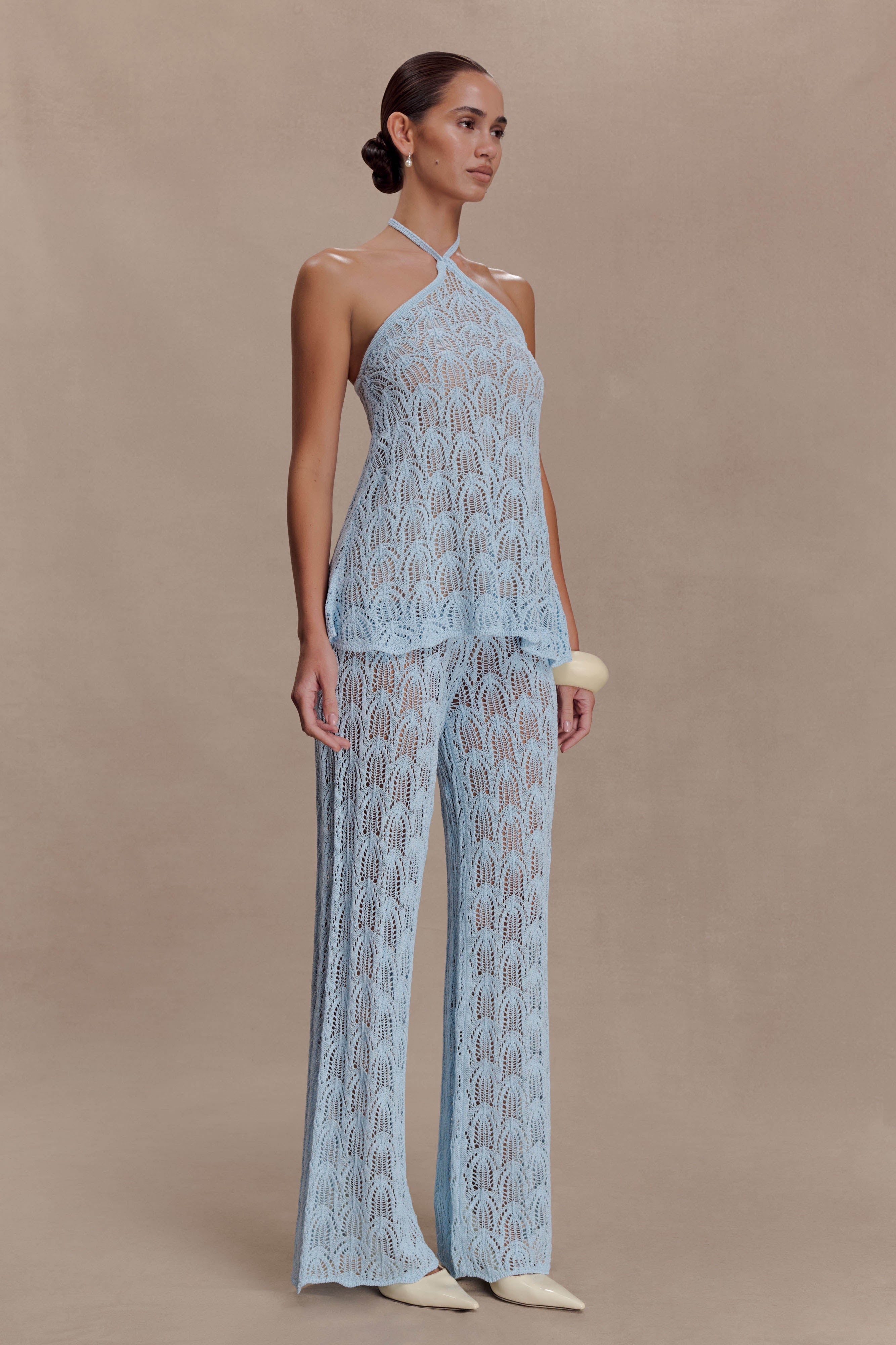 Corey Crochet Halter Neck Top - Light Blue