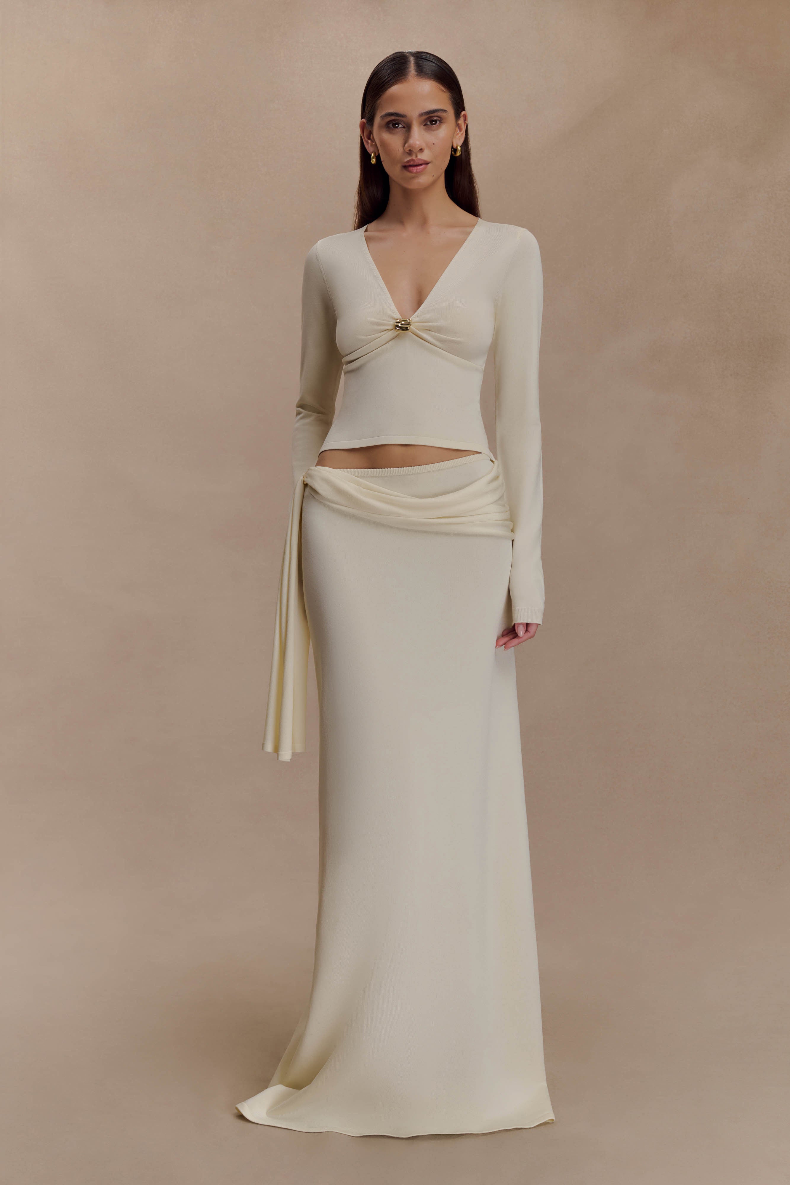 Miraby Front Ruched Knit Long Sleeve Top - Ivory