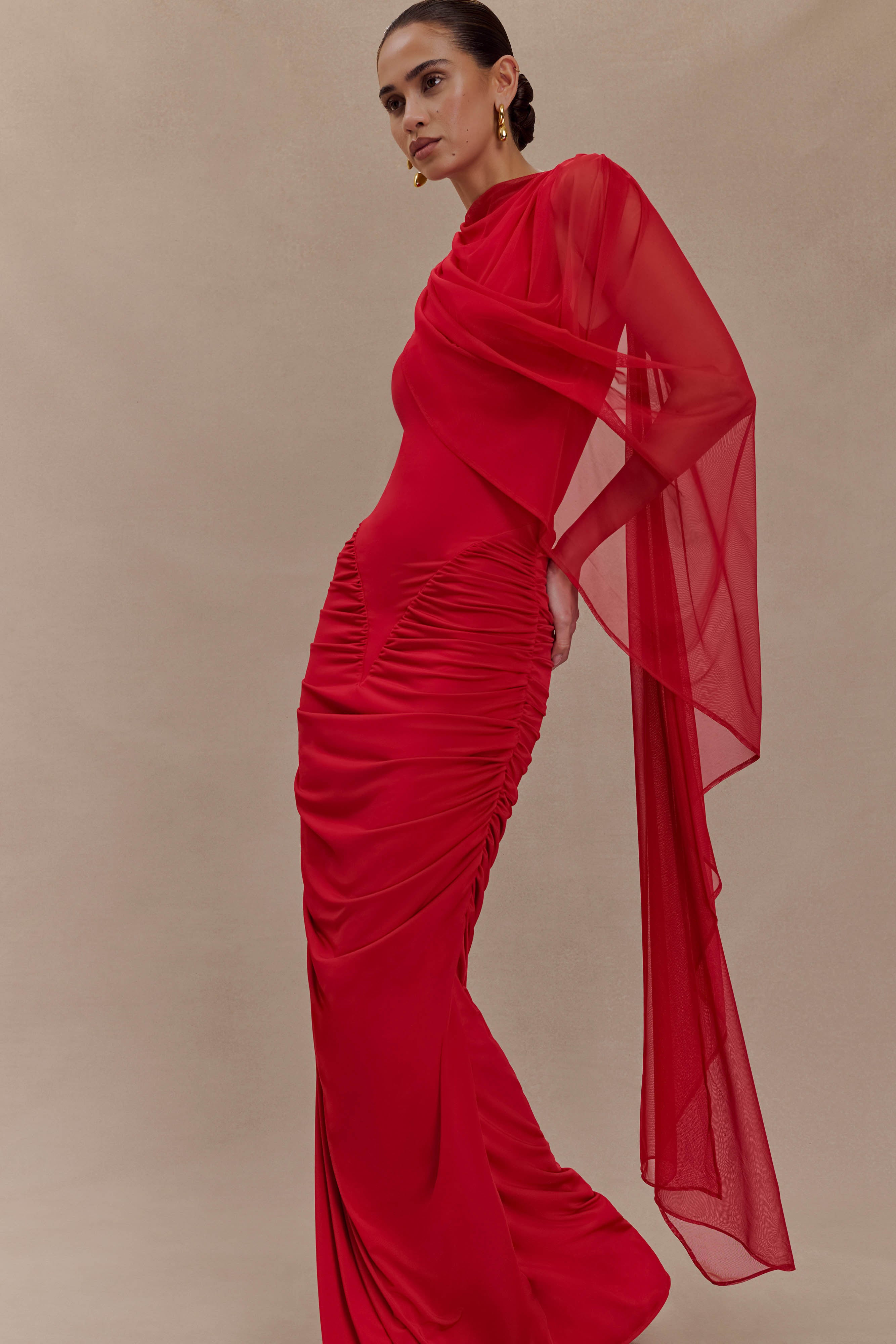 Amandine Ruched Slinky Maxi Dress - Ruby