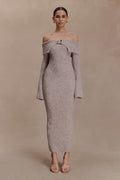 Baxter Off Shoulder Fluffy Knit Midi Dress - Taupe Marle