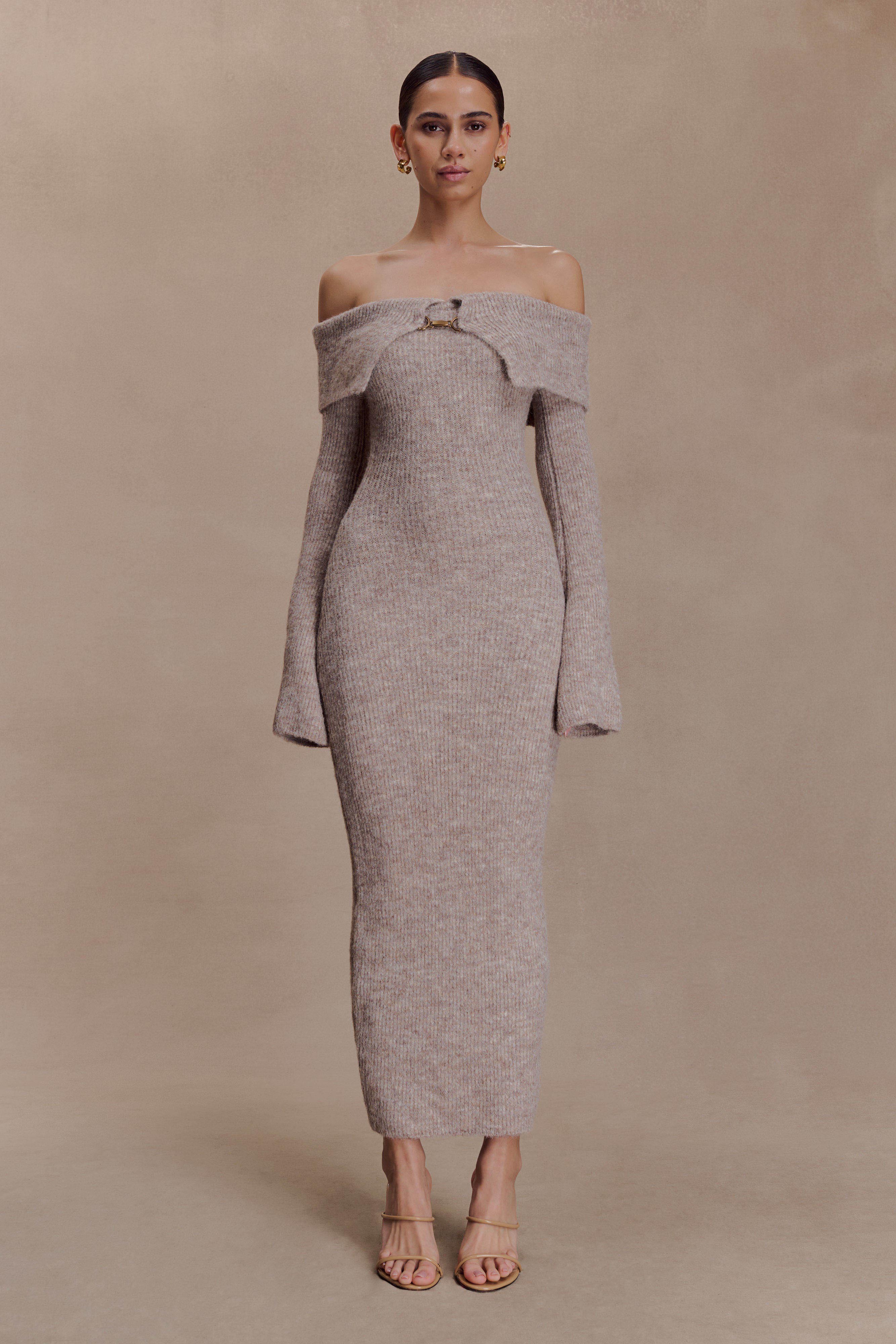 Baxter Off Shoulder Fluffy Knit Midi Dress - Taupe Marle